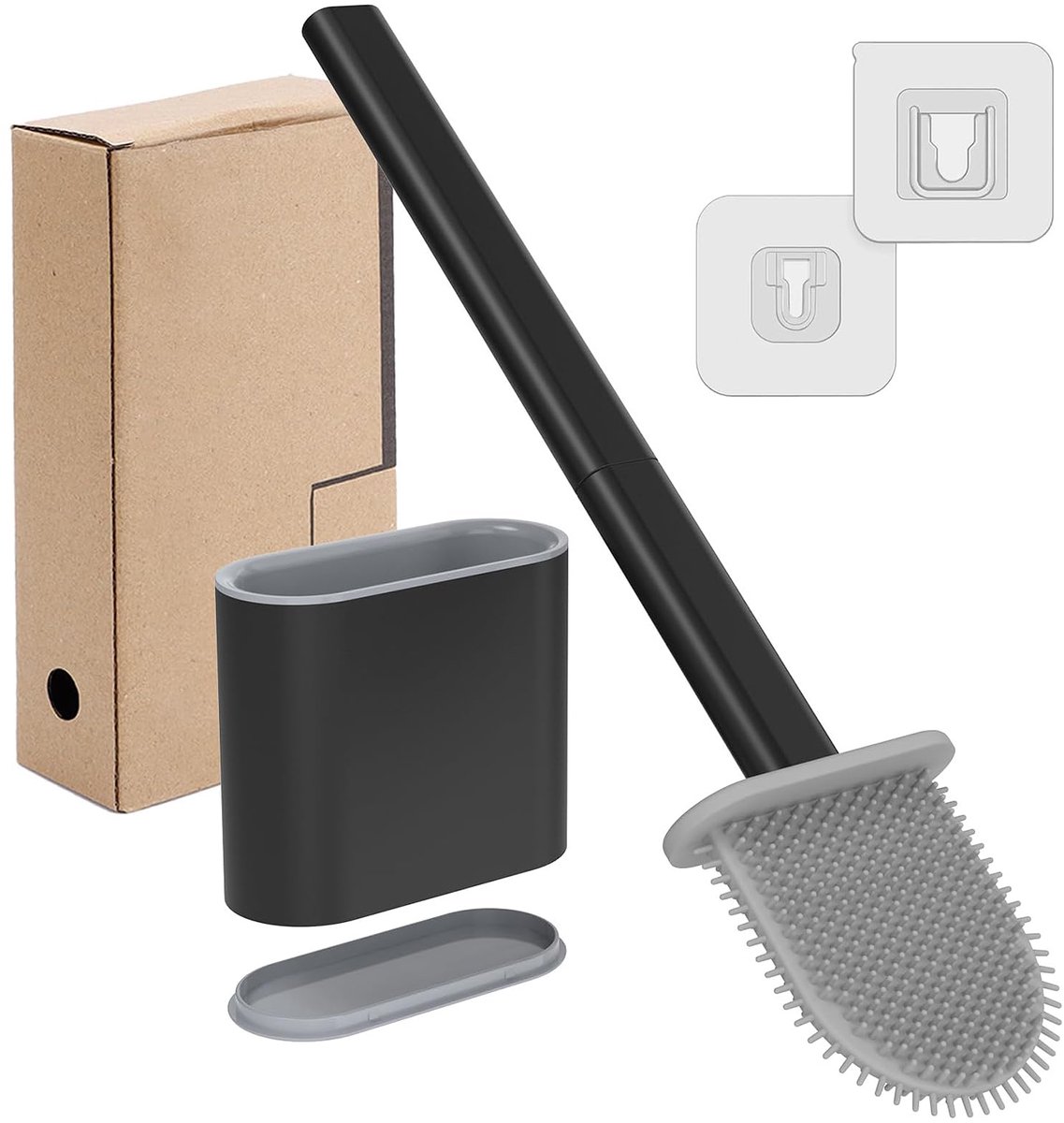 toiletborstel, lange steel, wandmontage, platte wc-borstel met sneldrogende houder, zonder boren, professionele dieptereiniging, voor badkamer (zwart)