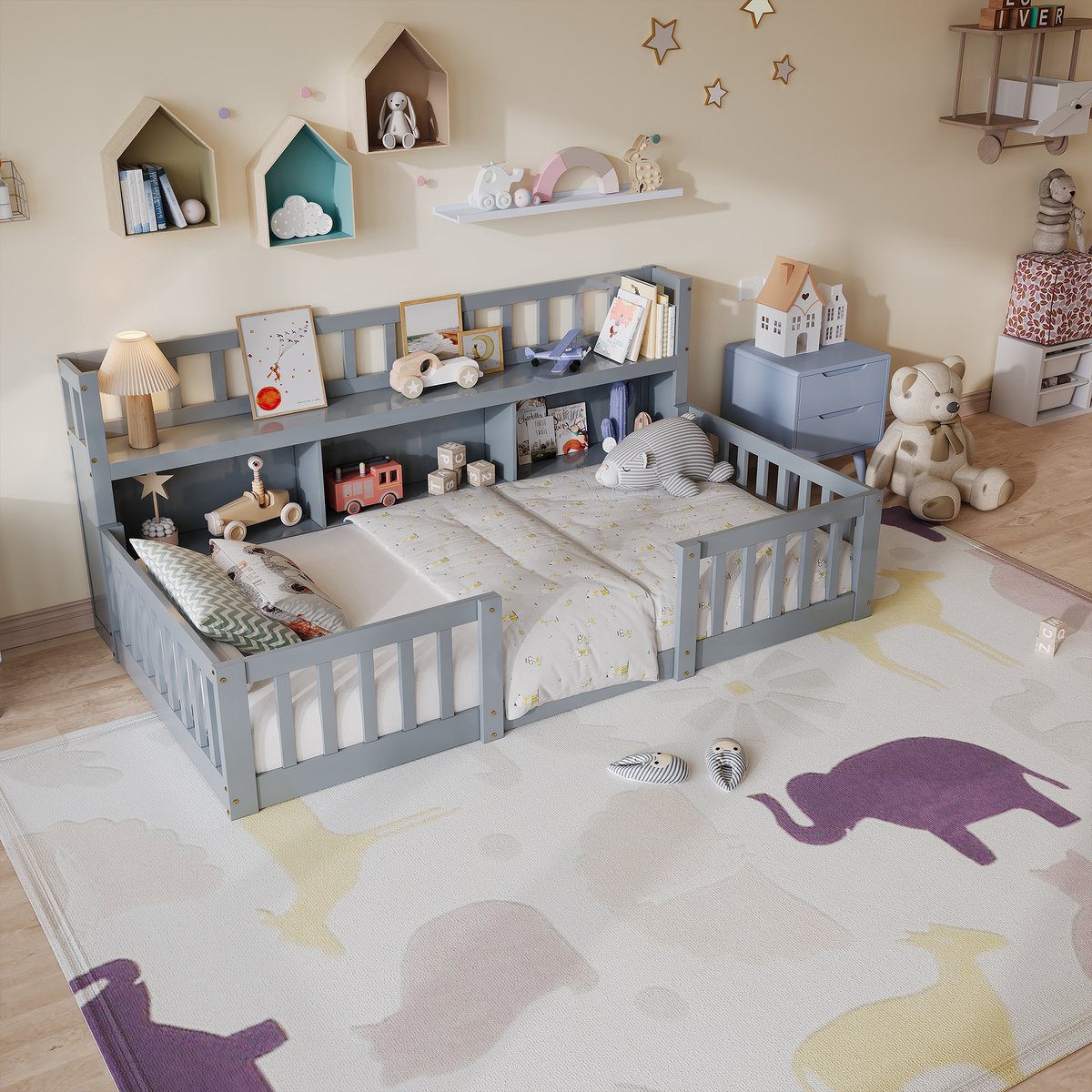 Solvenrik Montessori Vloerbed 90x200 met Veiligheidshek – Grijs Houten Kinderbed met Boekenkast – Kinderbed met Lattenbodem & Opbergrekken
