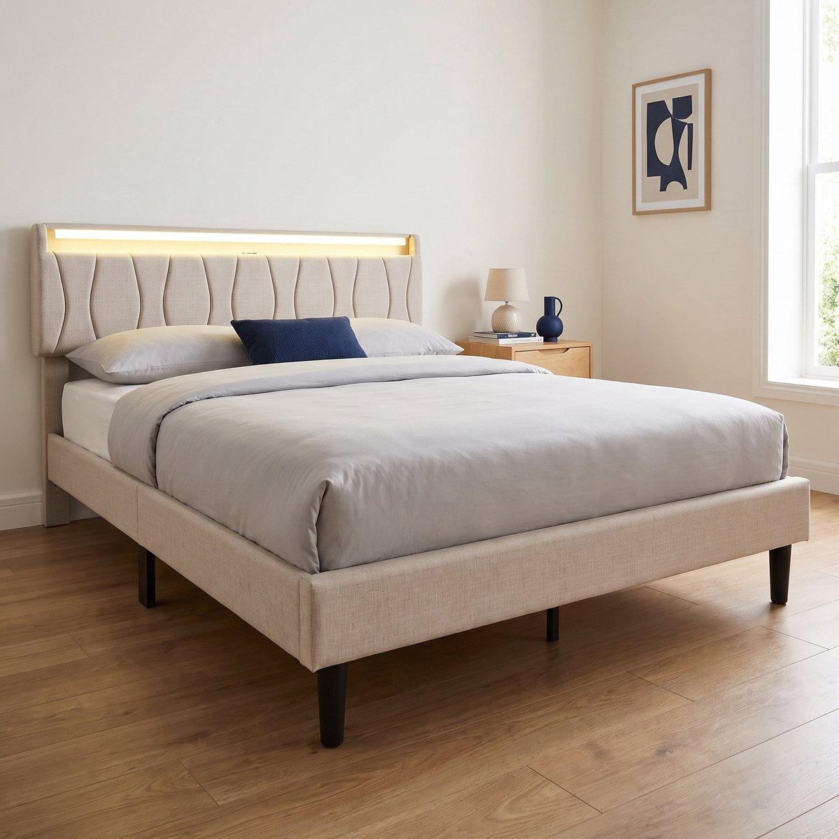 Gestoffeerd bed 140x200 cm - Tweepersoonsbed met RGB LED en USB/Type-C - Hoofdbord met opbergruimte - Linnen - Modern - Beige