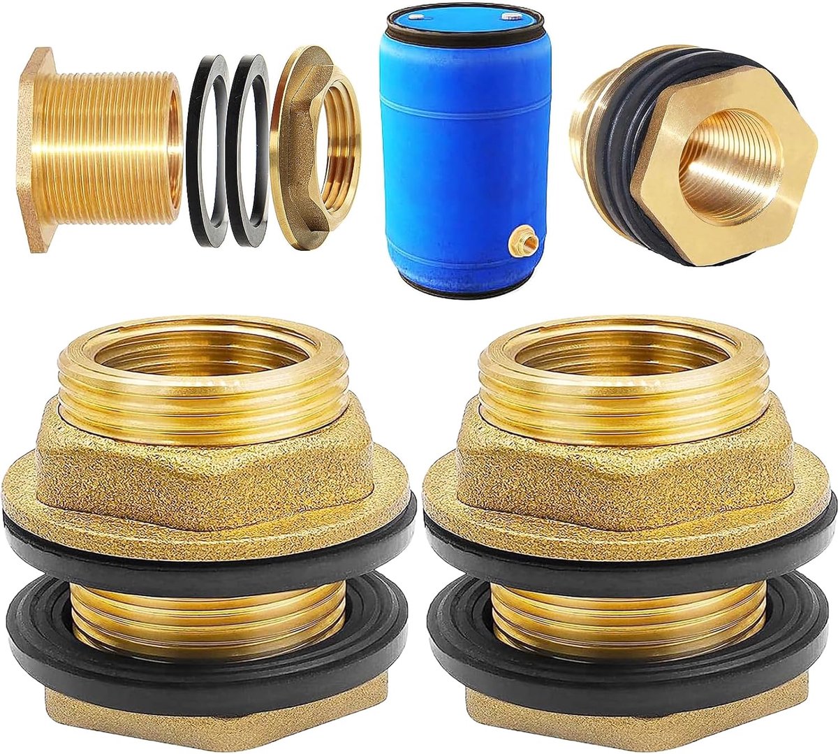 2 Stuks Messing Regenton Aansluiting, Schroefverbinding, Vat Schroefverbinding, Regentondoorvoer, Met 1 Inch Buitendraad x 3/4 Inch Binnendraad, Voor Kranen, Emmers en Watertanks(Geel)