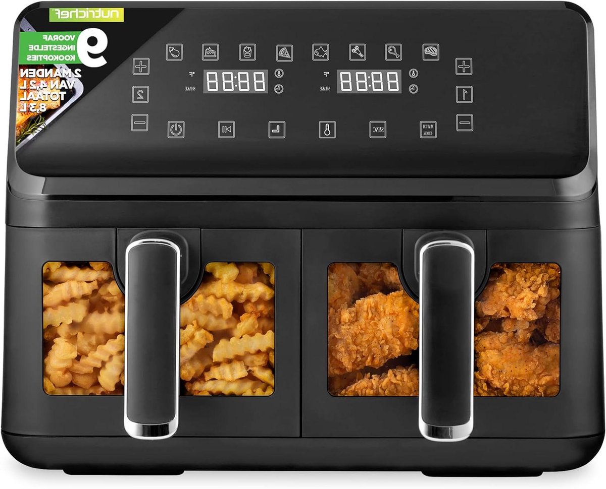 Dubbele Mand Airfryer - Heteluchtfriteuse Olievrij - Gezond Koken - Transparant Venster - 88 Liter - Zwart