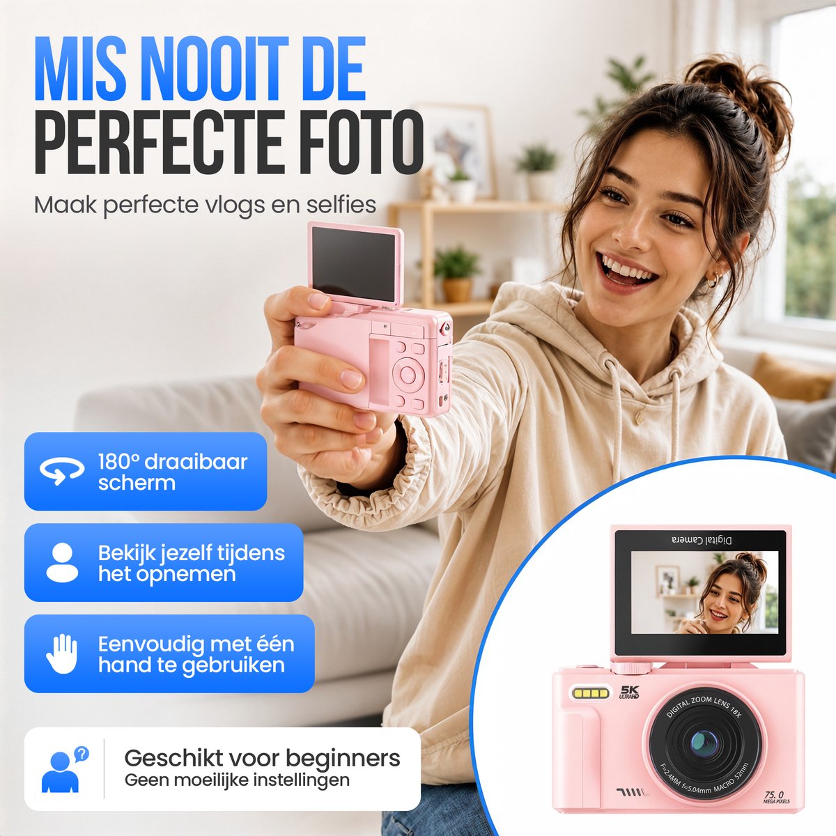 Strex Digitale Camera 5K 75MP - Fototoestel - 18x Zoom - Roze thumbnail 6