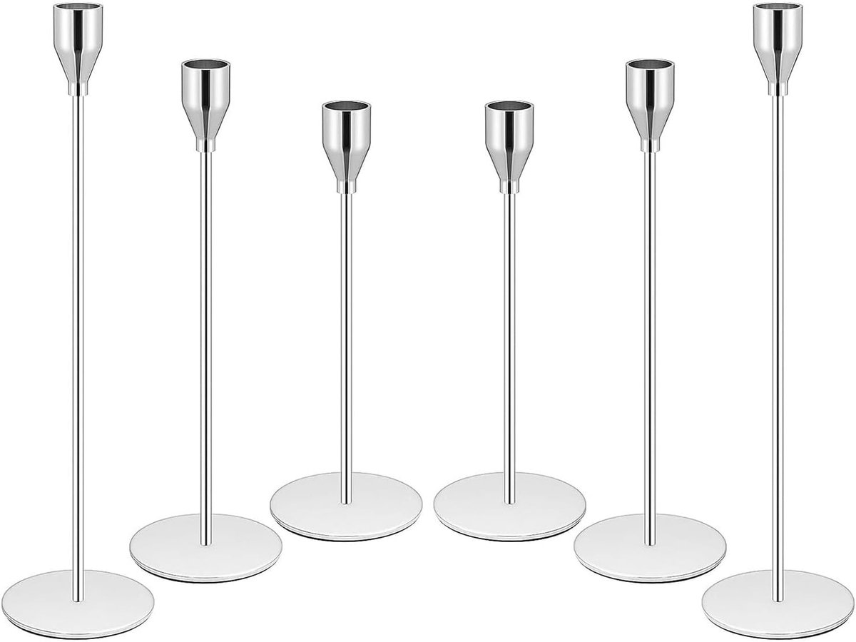 Zilver/Zwart Kandelaars voor Kegelkaarsen, Kegelkaarsenhouders decoratieve kandelaars voor bruiloft, eten, feest, jubileum (Zilver, 6 stuks)