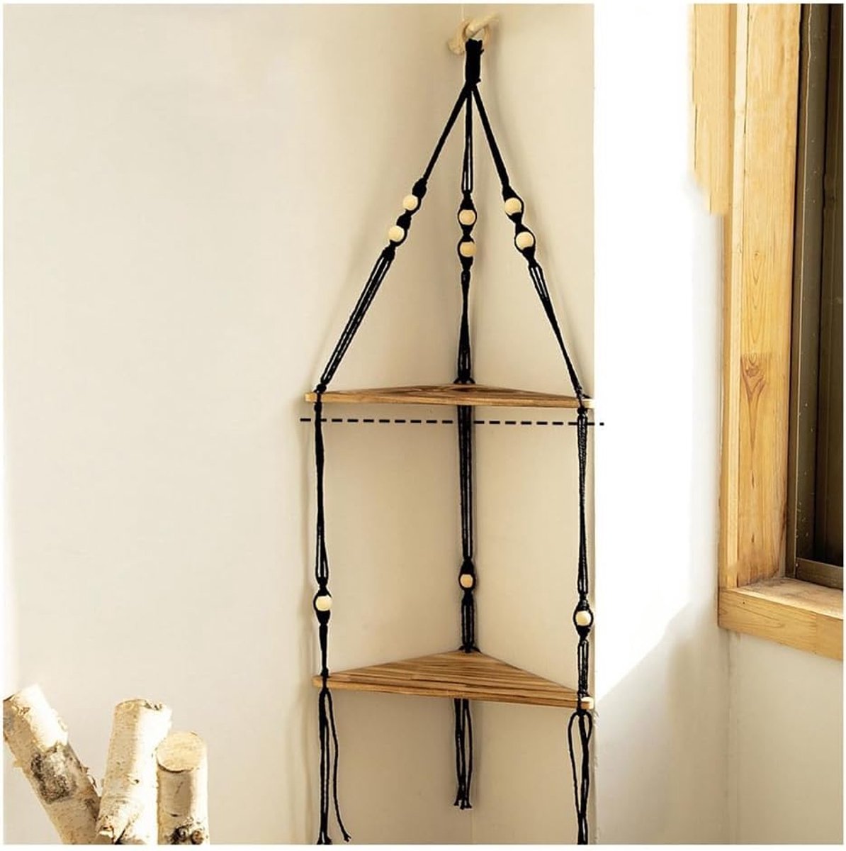 Wandrek, hout, boho, hangrek, hout, handgeweven macramé, zwevende plank, natuurlijk katoenen touw, plank, muur, boho-wandbehang, driehoeken, hangrek voor slaapkamer, 95 x 32,5 cm,