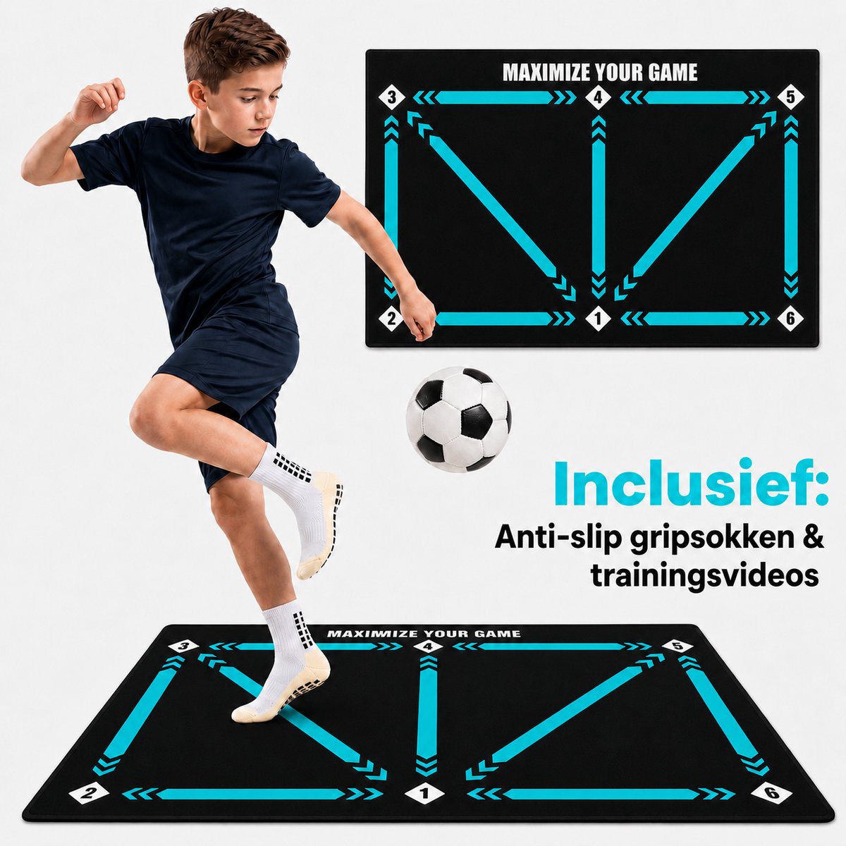 Soludo Voetbalmat XL – Voetbal Trainingsmat – Dribbelmat – Voetbal Trainingsmateriaal – Antislip – Inclusief Gripsokken & Draagtas – 90x60 cm – Voetbal Spullen