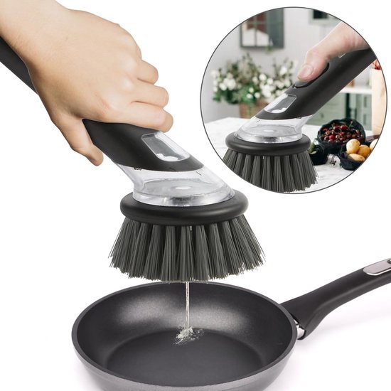 afwasborstel, 3 stuks afwasborstel met afwasmiddeldispenser, keukenborstel voor pot, pan, spoelreiniging, multifunctionele serviesborstel met 3 opzetborstels, afwasborstels met steel — afbeelding 4
