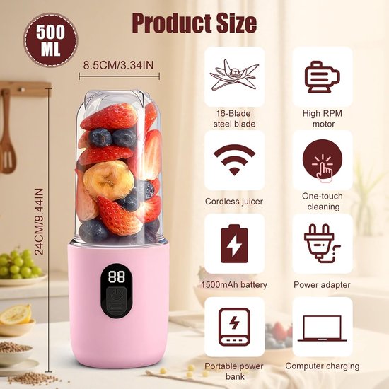 Draagbare Mixer - Smoothiemaker to go - Verse sapjes maken - Digitaal display - 500 ml - Roze — afbeelding 2