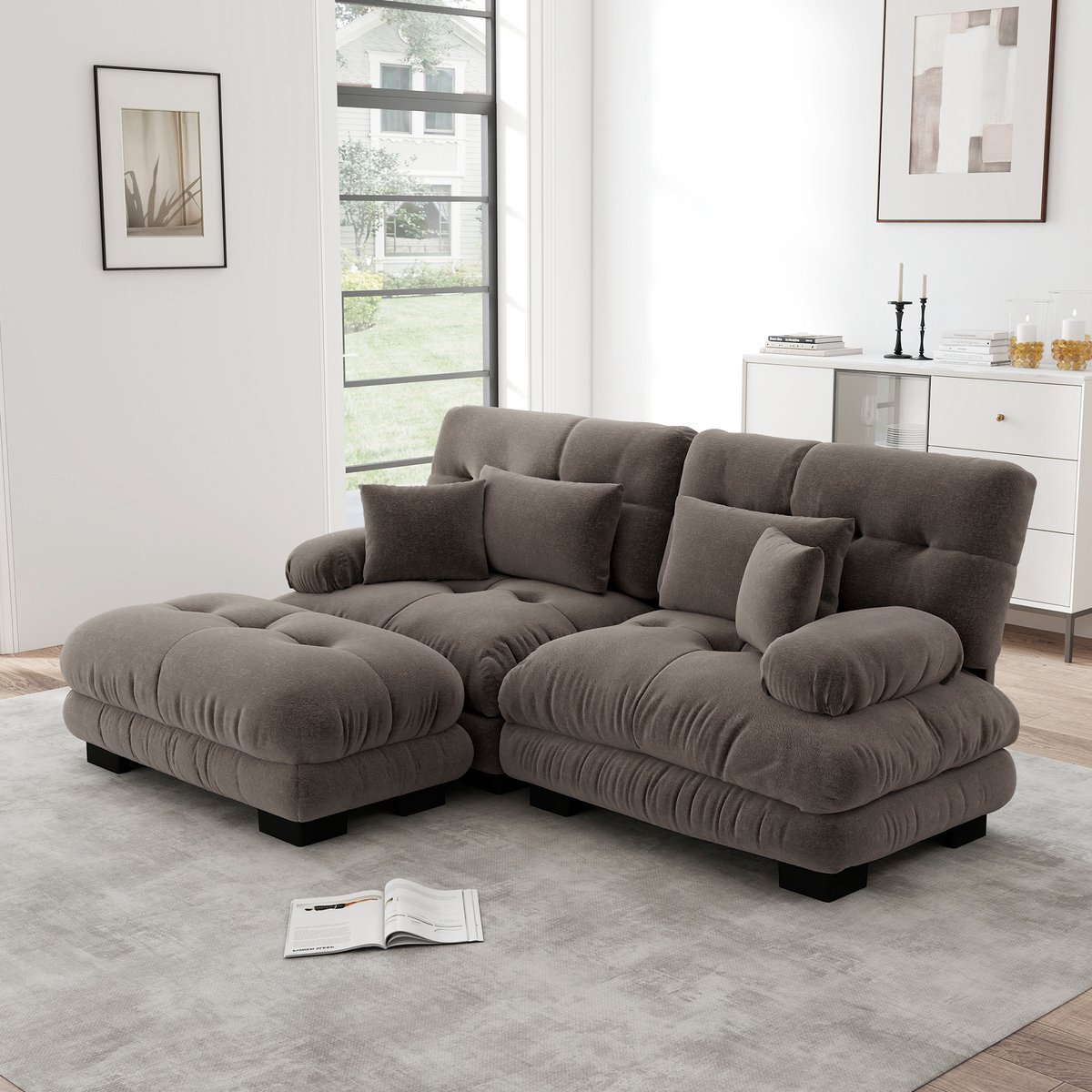 DESMIU Hoekbank 220 x 145 x 81 cm - Modulair Met Verplaatsbare Ottoman En 2 Lendenkussens