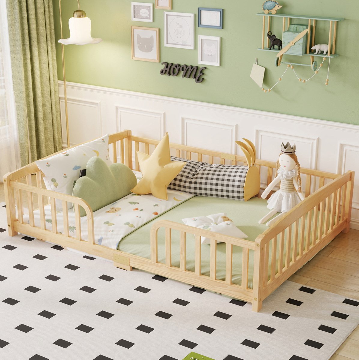 FloraGrace Kinderbed 140x200 cm - Vloerbed Met Veiligheidshekken En Centrale Ingang - Zond