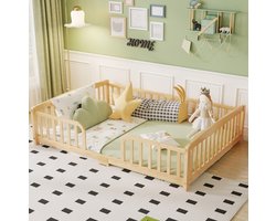 FloraGrace Kinderbed 140x200 cm - Vloerbed Met Veiligheidshekken En Centrale Ingang - Zonder Matras - Grenenhout - Naturel