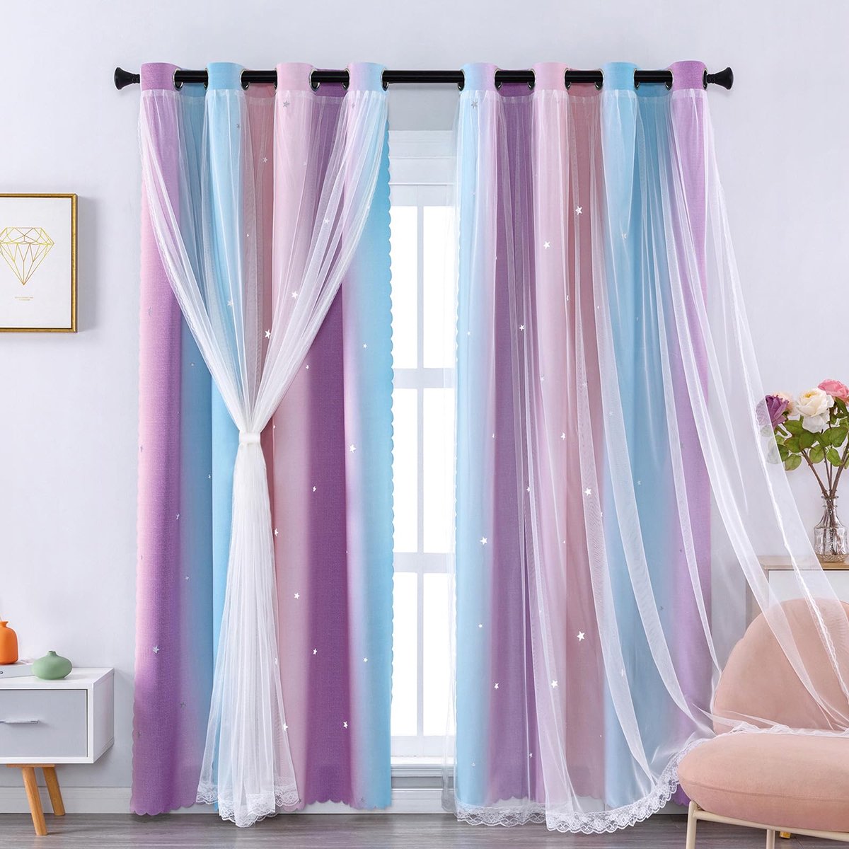 Gordijn voor slaapkamer dubbellaags 106 x 228 cm van polyester met voile sterrendesign schuifdeur meerkleurig roze blauw paars / 106/228
