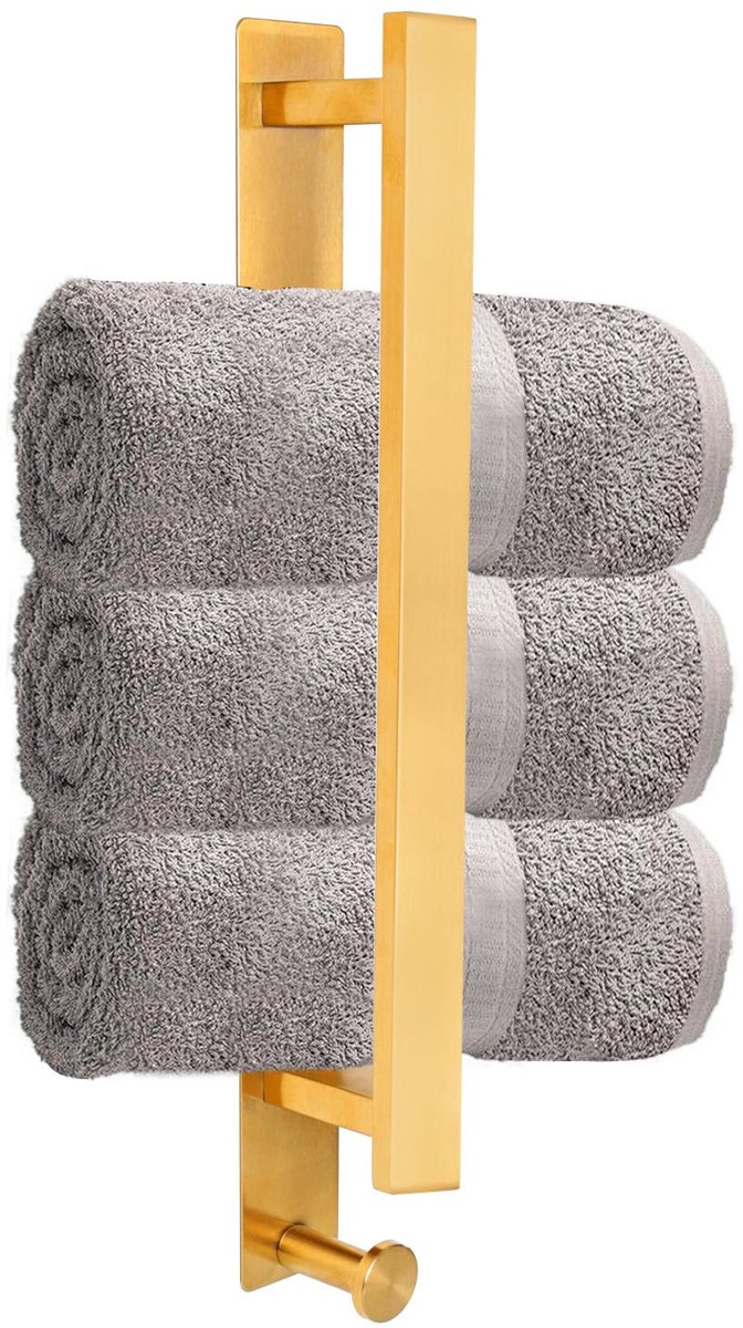 Handdoekhouder, zonder boren, zelfklevend, roestvrij staal, 40 cm, gastendoekhouder, wandmontage, met handdoekhaak, badhanddoekhouder, badkameraccessoires, goud
