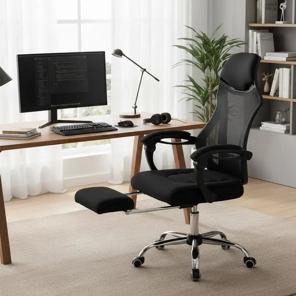 Dailygoods Ergonomische bureaustoel van mesh met voetsteun, zwart