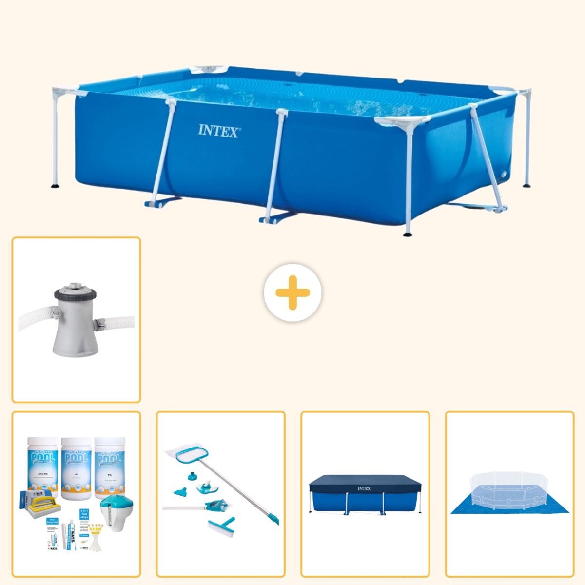 Intex Rechthoekig Frame Zwembad – 260 x 160 x 65 cm – Blauw – Inclusief Onderhoudspakket – Schoonmaakset – Afdekzeil – Grondzeil – Zwembadfilterpomp – 6-delig