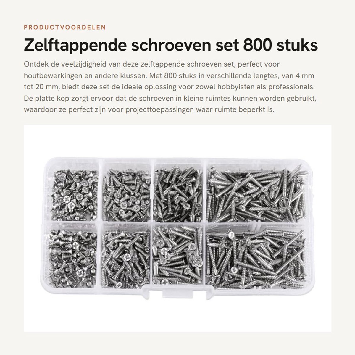 Dailygoods- Zelftappende Schroeven Set 800 Stuks - Houtschroeven Assortiment - Vernikkeld Koolstofstaal - Platte Kop - Geschikt voor Houtbewerking - Verpakt in Doos