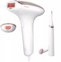 Wit Philips Lumea IPL ontharingsapparaat met rosé gouden accenten, twee opzetstukken en een precisietrimmer.