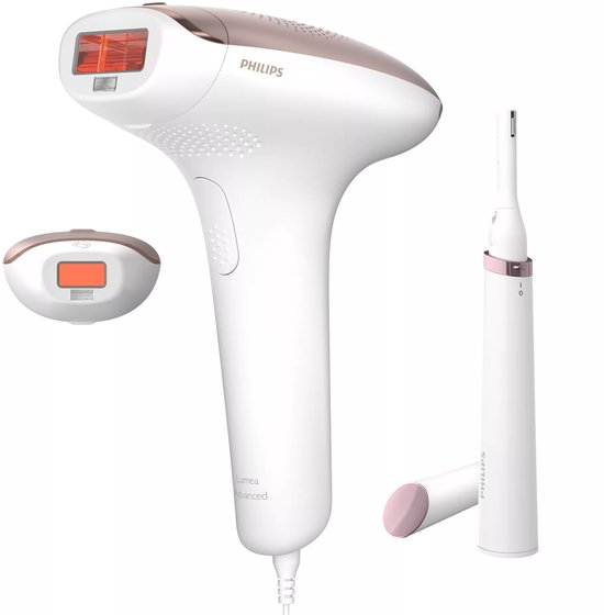 Wit Philips Lumea IPL ontharingsapparaat met rosé gouden accenten, twee opzetstukken en een precisietrimmer.