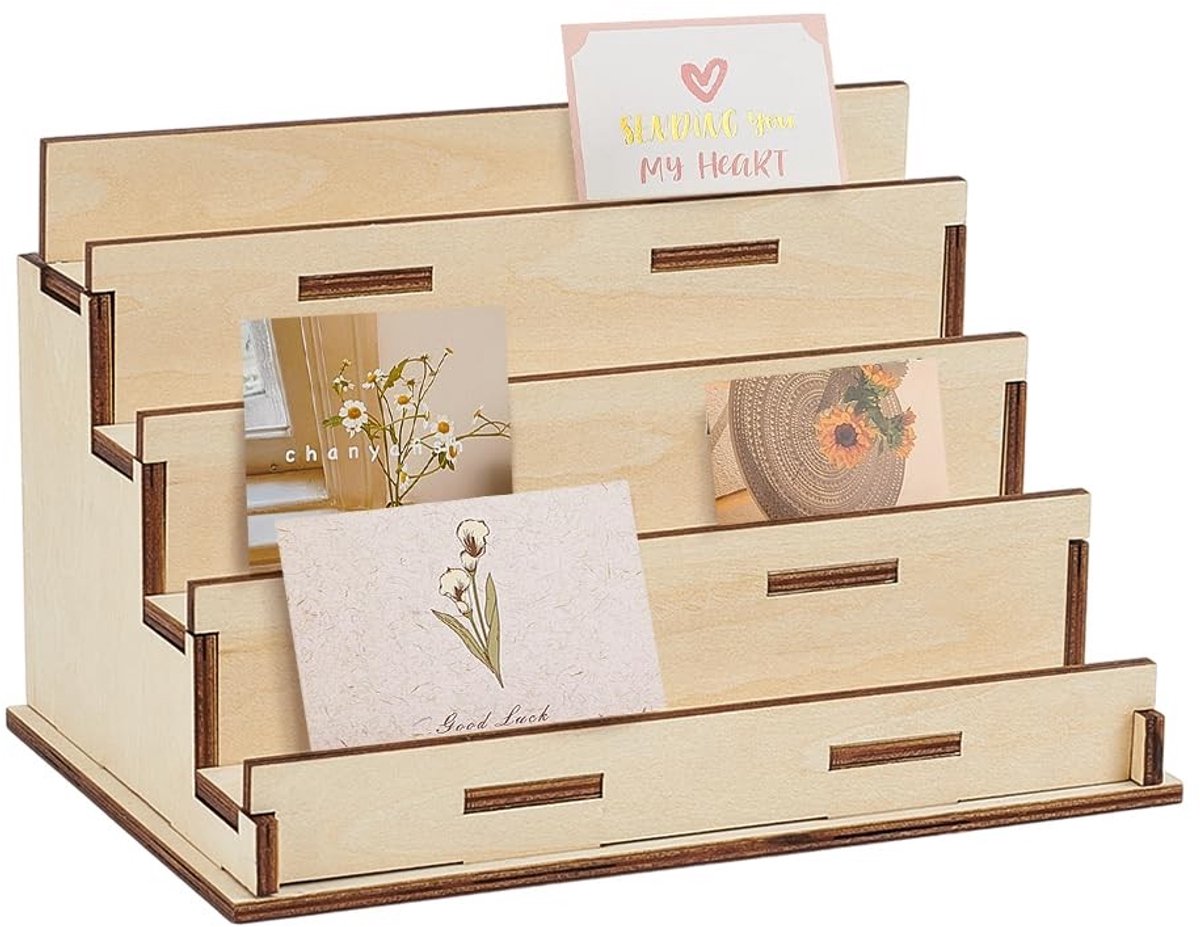 Dailygoods- Wenskaarthouder 4-laags - Houten Fotohouder - Kaart Display - Draagbare Opslag - Tafelblad Organizer - Voor Ansichtkaarten - Kaartdisplay