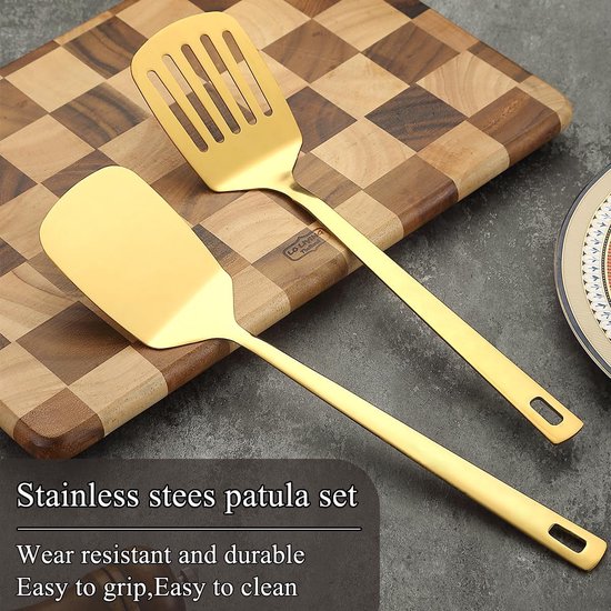 Spatels Set van 2, Kyraton Roestvrijstalen Spatel, Keuken Massieve Geperforeerde Turner voor het Koken van Vis, Eieren, Pannenkoeken, Flipper, Titanium Goud Plateren Kookgerei Set — afbeelding 2