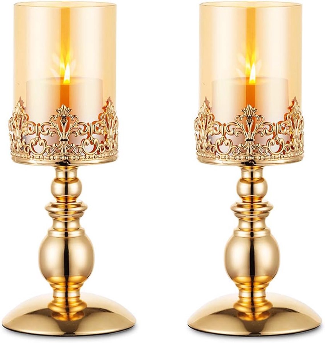 Kandelaars met Glas, Set van 2 Gouden Orkaan Kandelaar Moderne Woondecoratie Geschenken, Kaarslicht Houder voor Huwelijksverjaardag Housewarming Party Tafel Centerpieces, Klein Formaat