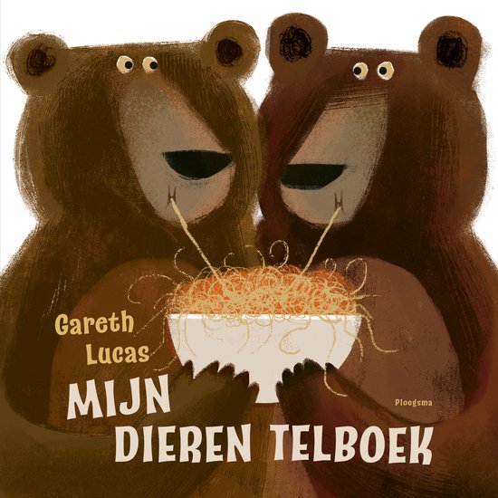 Twee bruine beren met gesloten ogen en spaghettislierten die uit hun monden komen, eten samen uit een kom spaghetti.