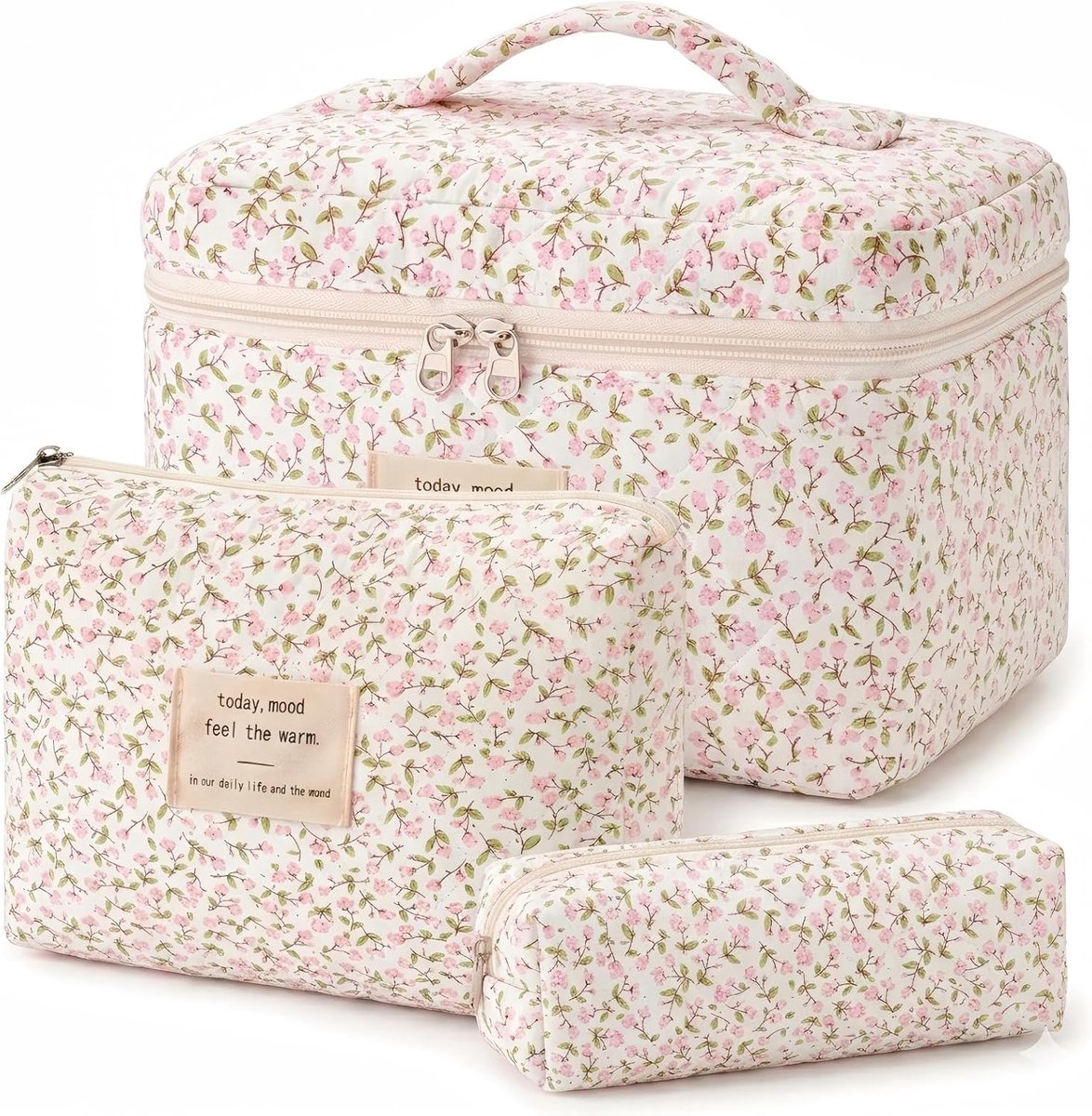 tas, 3-delige set, toilettas voor dames met bloemenpatroon, gewatteerde toilettas, draagbare make-uptas voor reizen en dagelijks gebruik, make-uptas voor vrouwen en meisjes (tulpen)