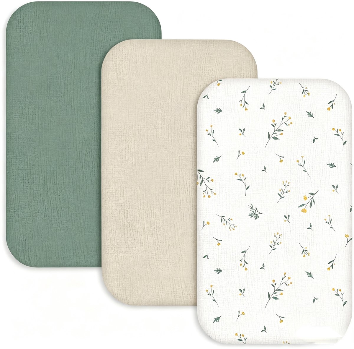 Namajunas - Hoeslakens voor babybedje - 83 x 43 cm - 100% katoen gaas, 3-delige set - Geschikt voor wiegjes, ledikanten en boxen - Kan ook gebruikt worden als luierhoes - Matrasbeschermer - Bloemenpatroon - Cadeau voor pasgeborenen