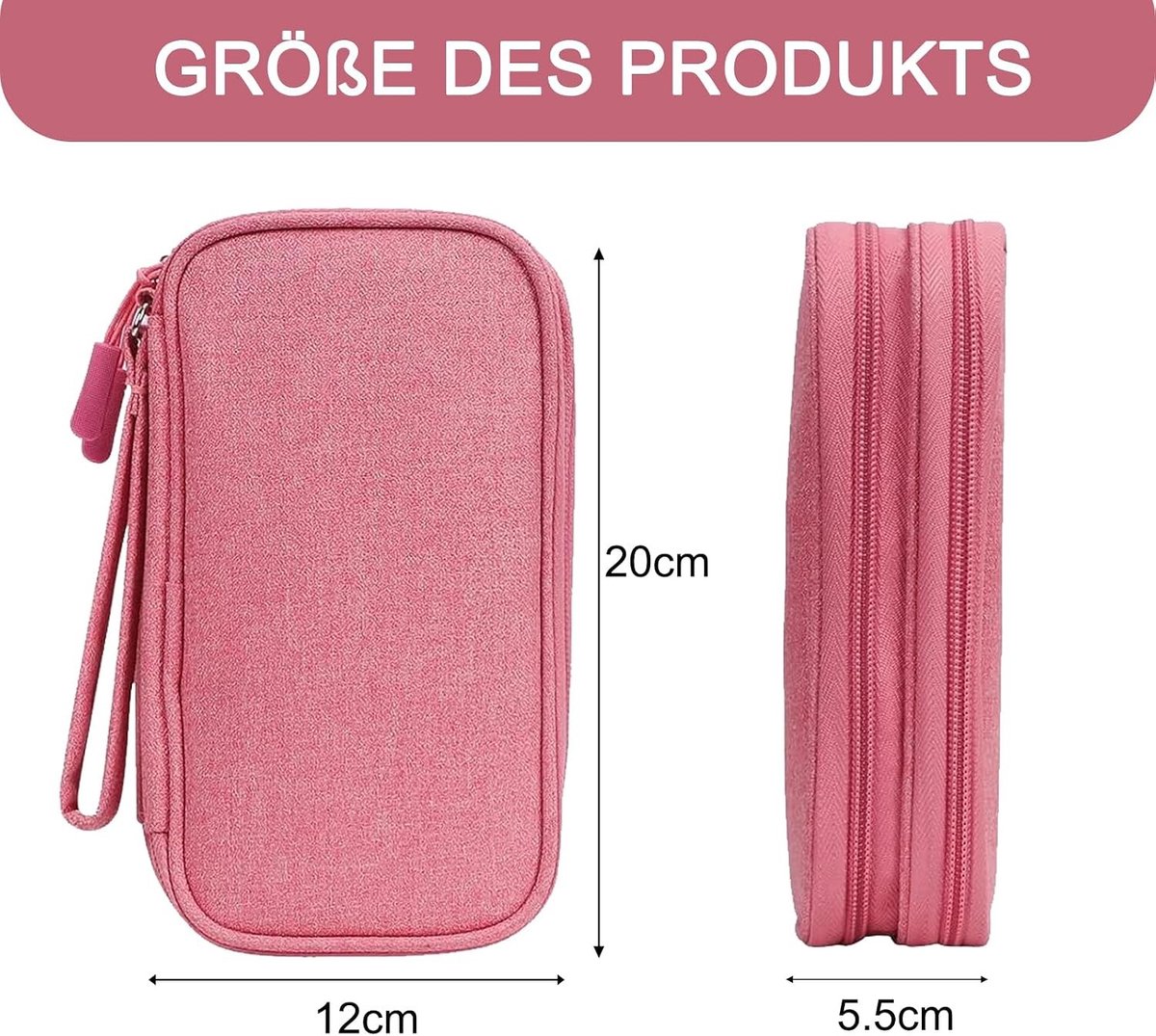 Draagbare Organizer voor Opladers en Accessoires, Dubbel Laags Kabel Organizer voor Reis, Geschikt voor Telefoon, Powerbank en USB, Roze