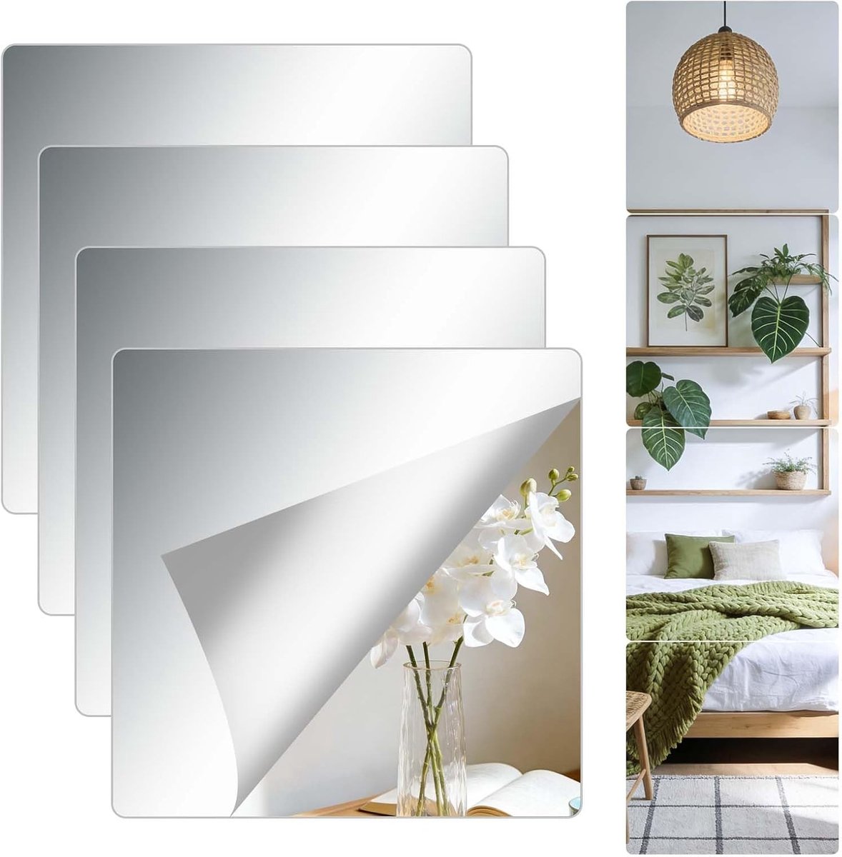 Set van 4 Zelfklevende Spiegels 25 x 25 cm voor Muurdecoratie in Woonkamer, Badkamer en Slaapkamer