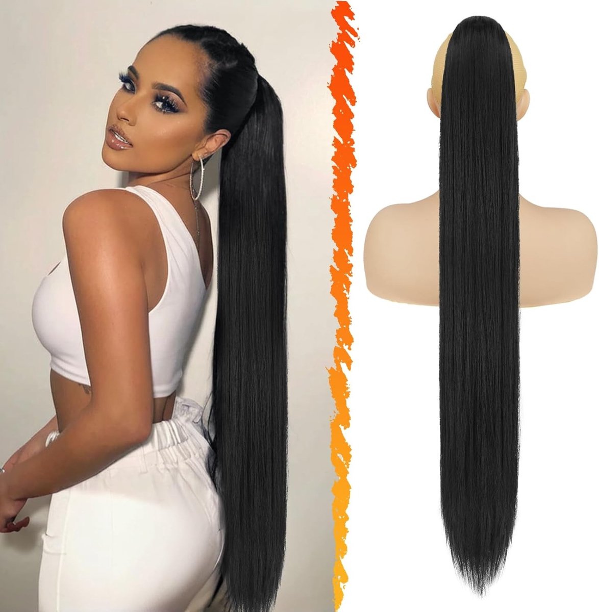 Lange Zwarte Ponytail Extensions van 34 inch, Stevige en Gemakkelijke Clip-in Haarstuk voor Vrouwen, Perfect voor Feestjes en Dagelijks Gebruik