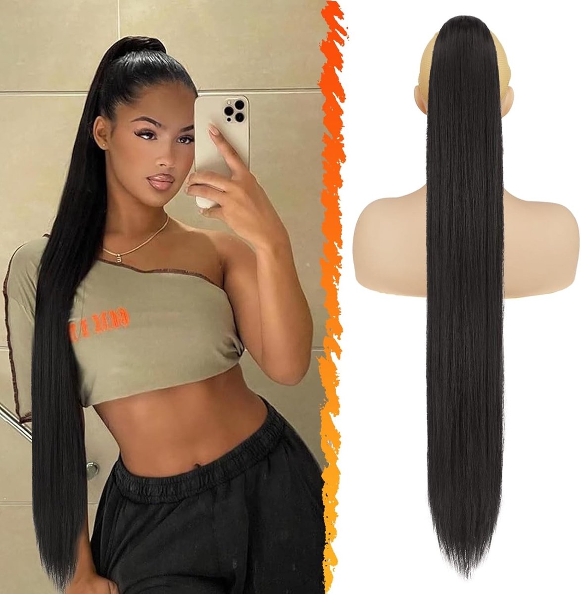 Lange Rechte Ponytail Extensions van 86 cm, Zwarte Synthetische Haarstuk met Trekkoord voor Vrouwen - Ideaal voor Feesten en Evenementen