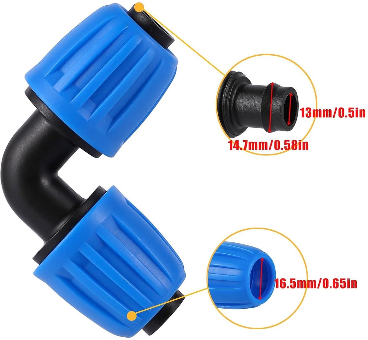 Complete Drip Irrigation Fittings Set met Blauwe Lock Barrel Connector en 1/2 Inch Bocht voor Efficiënte Tuinirrigatie