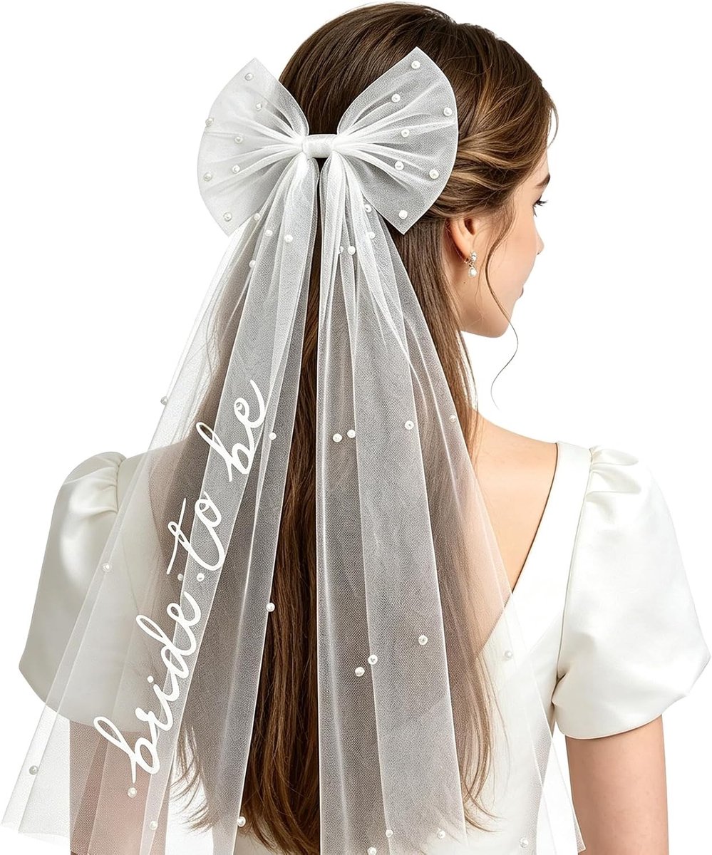 Korte Bruidsluier met Strik en Parels, Perfecte Accessoire voor Trouwen, Bruiloften en Vrijgezellenfeesten