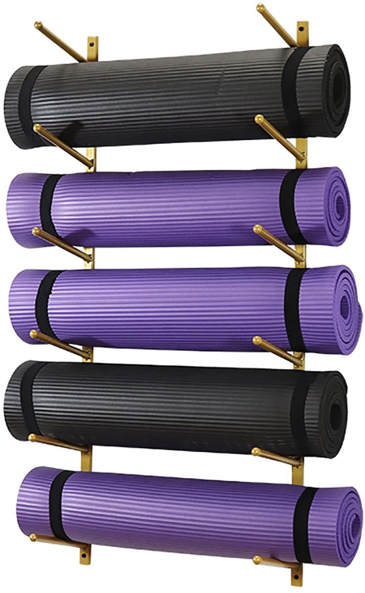 Wandgemonteerde yogamathouder - 6-laags opbergrek - Zwart en goud