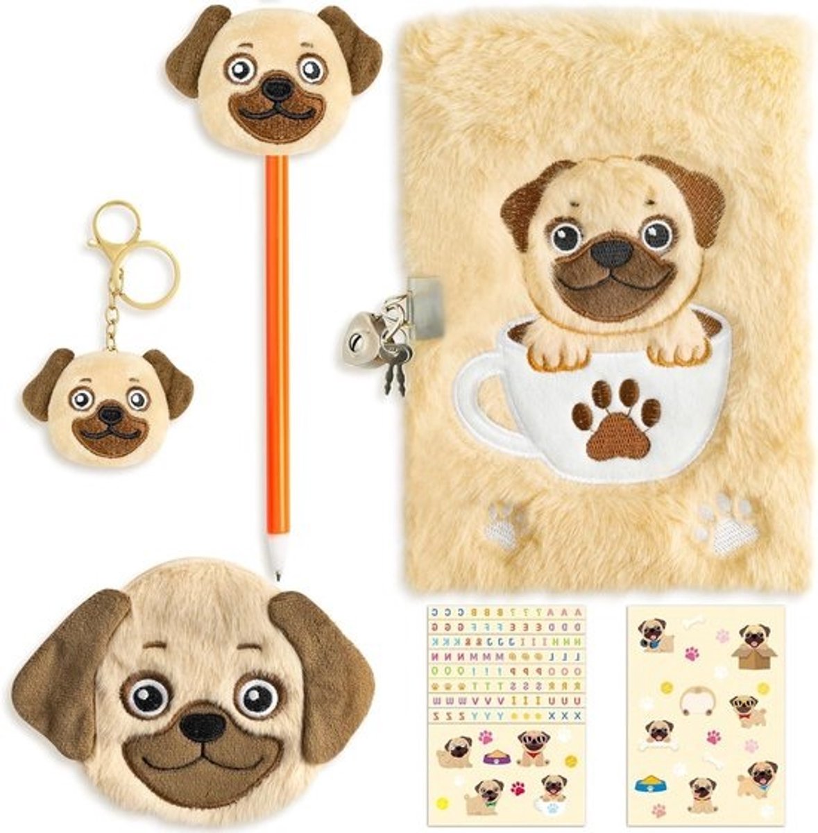 Geheim Dagboek Hond - Pluche Dagboek Set - Gedachten Opslaan - Met Slot en Sleutels - A5 Formaat - Beige