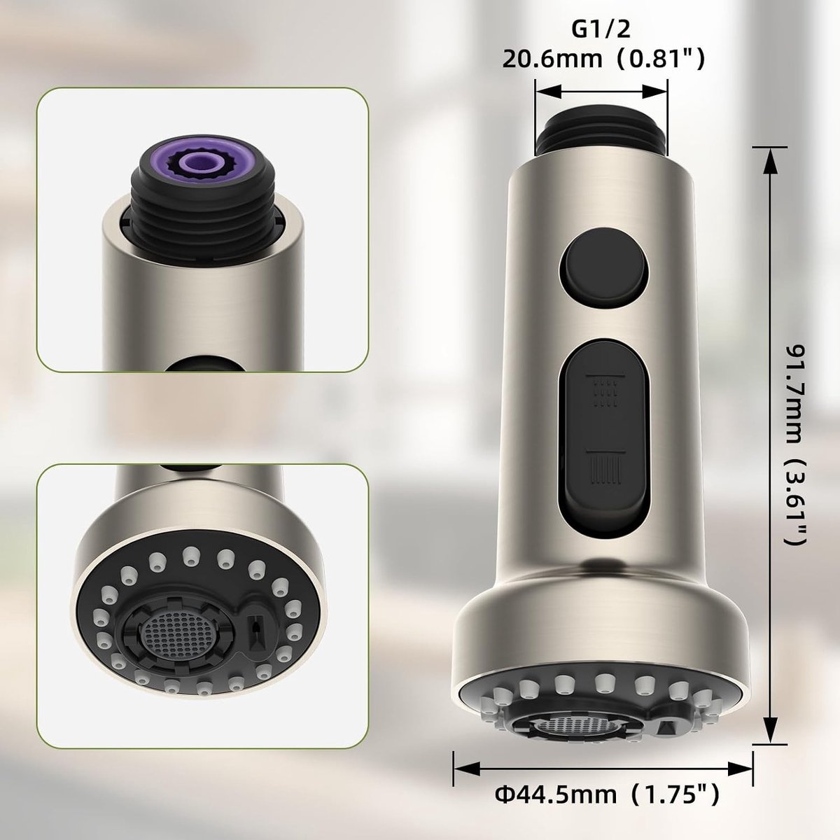 3-in-1 Volledige Metalen Vervangende Keukenkranen Sprayer, Uittrekbare Sprayer voor Efficiënt Koken, G 1/2, Geborsteld Nikkel, Keukenaccessoires