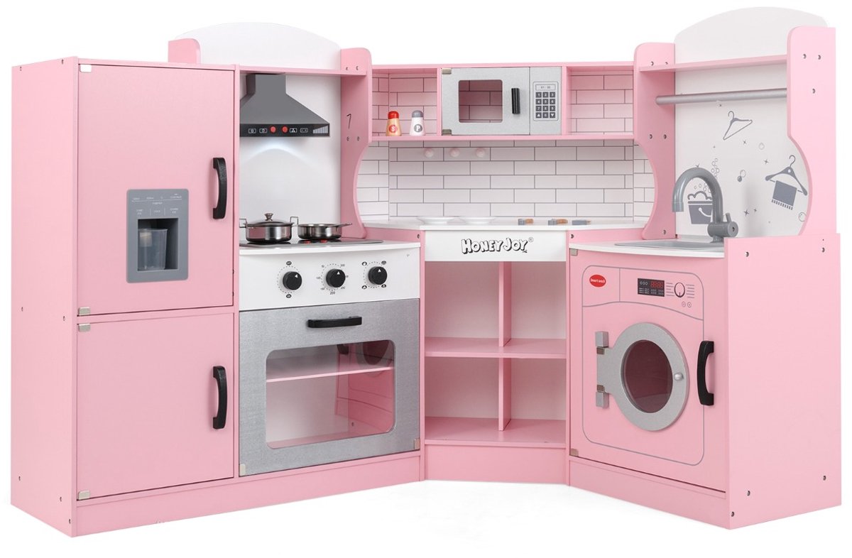 SureDeal® - Rollenspell - Hoekkeukenset - Afzuigkap Ijsblokjesmachine Magnetron - Geluid Roze - 28x32x40 cm - Roze