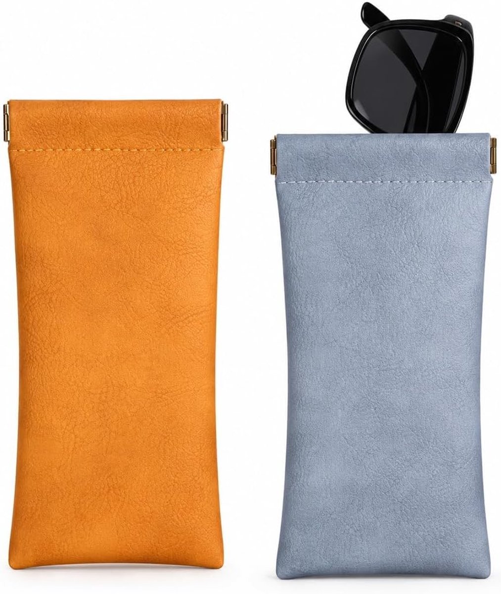 Leren brillenkoker met automatische clipsluiting, krasbestendig en zacht, ideaal voor brillen en zonnebrillen, 17,5 x 8 cm, oranje en blauw, perfect voor reizen en dagelijks gebruik