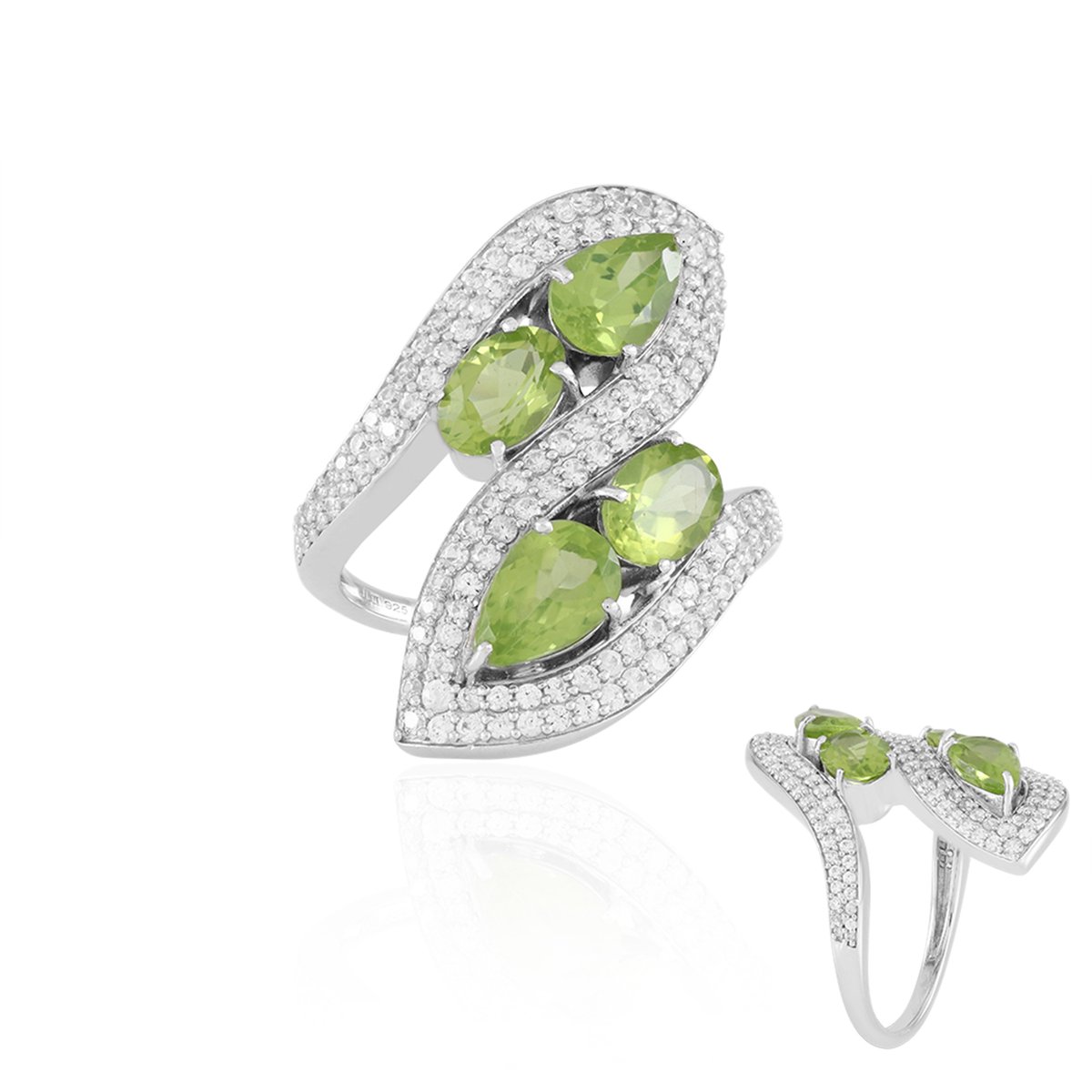 Cavill - Verstelbare Ring 925 Sterling Zilver met 3,06 ct Peridoot - Platina Coating - Elegante Ovaal & Druppelvormige Groene Edelstenen