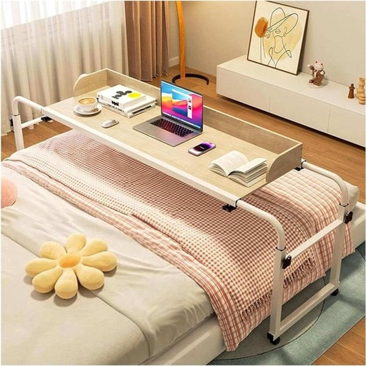 Bedtafel met Wielen - Laptoptafel Overbed - Eten en Werken - Verstelbare Lengte - 115-210cm - Bruin