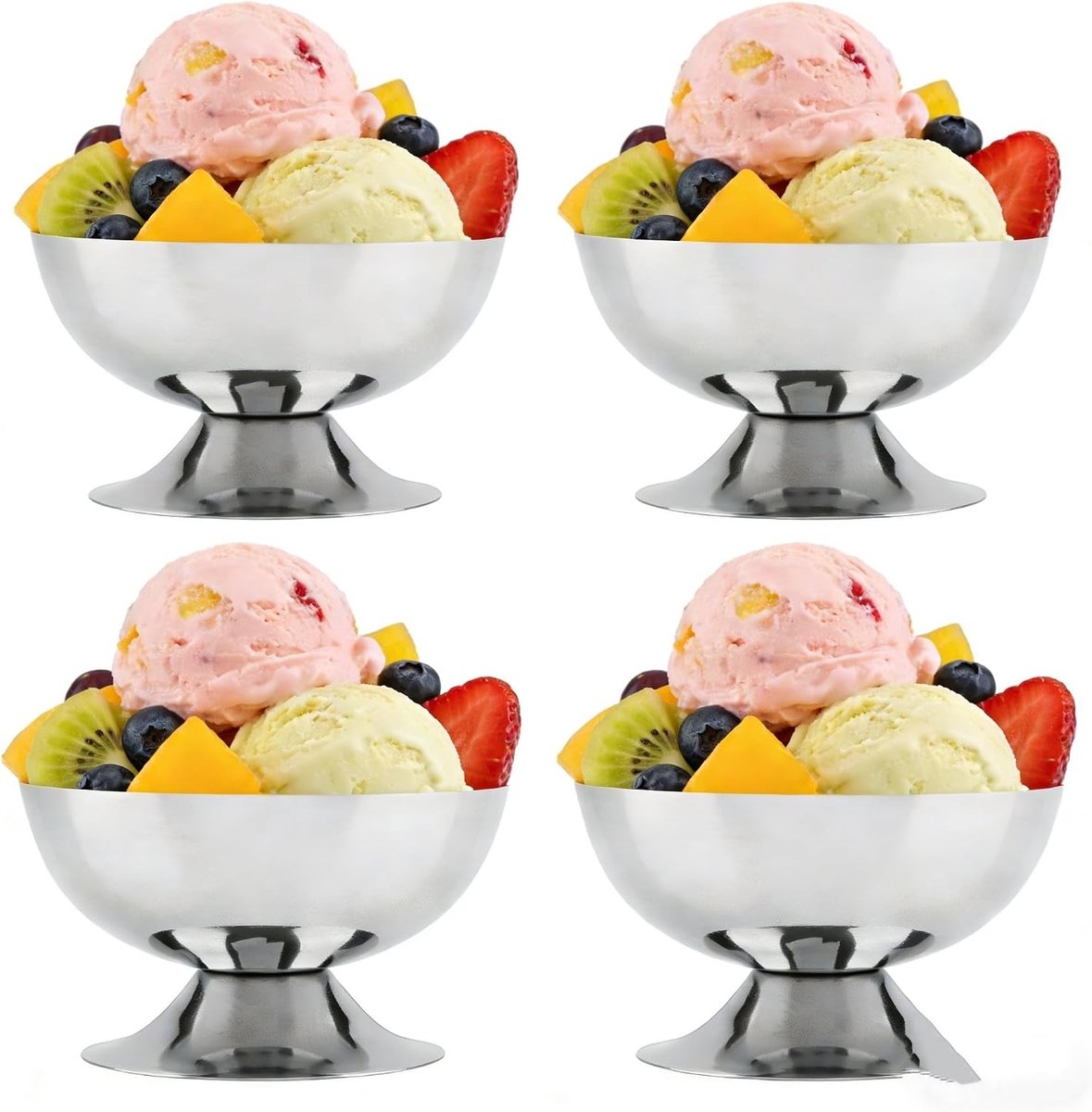 Set van 4 RVS IJs- en Dessertkommen, Herbruikbare Snack- en Milkshakebekers, Perfect voor Salades en Yoghurt