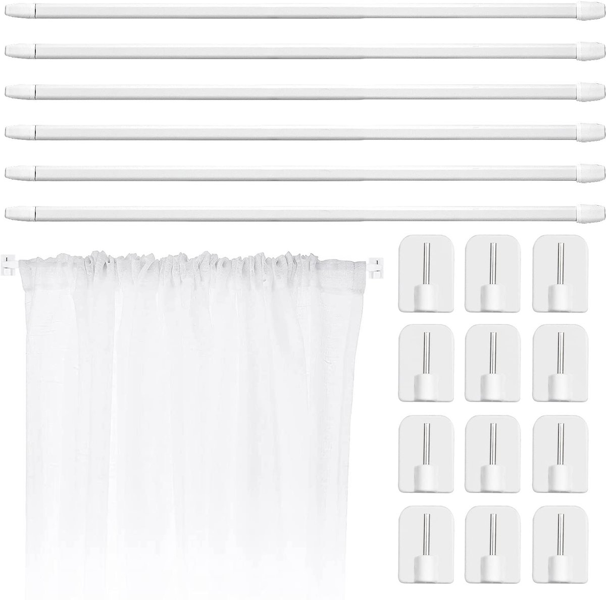 Verstelbare Plastic Gordijnroede Set - 6 Stuks - Wit