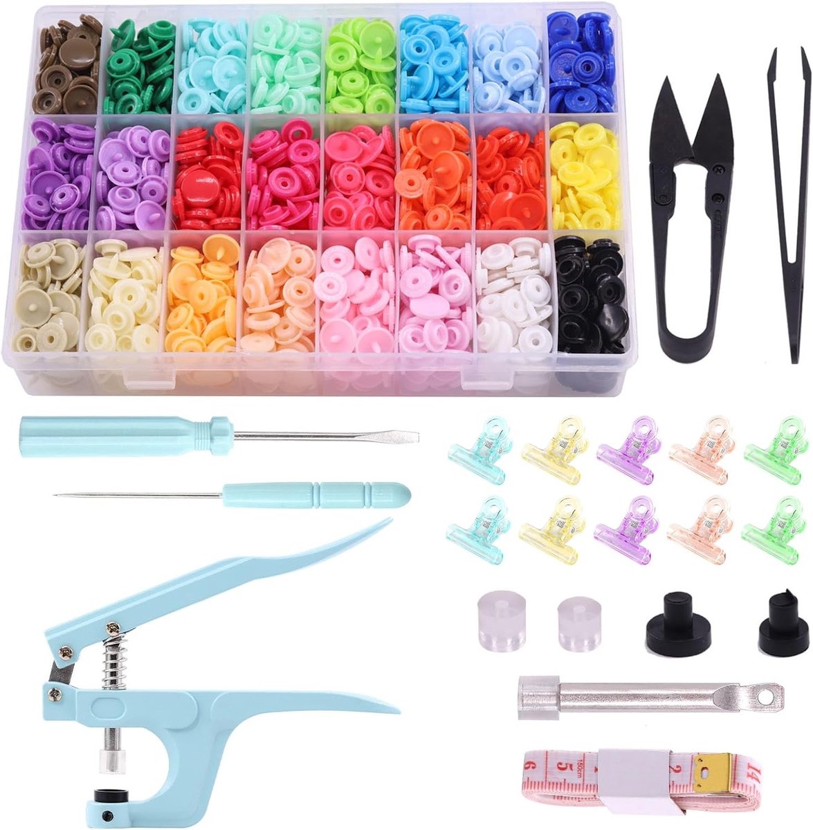 405 Stuks Drukknoppen Set in 24 Kleuren - Plastic Snap Knoppen, Geen Naai Knoppen en Bevestigingssetter met Naaiclips in Opbergdoos voor Kleding, Creatieve Projecten en Doe-Het-Zelf Klussen