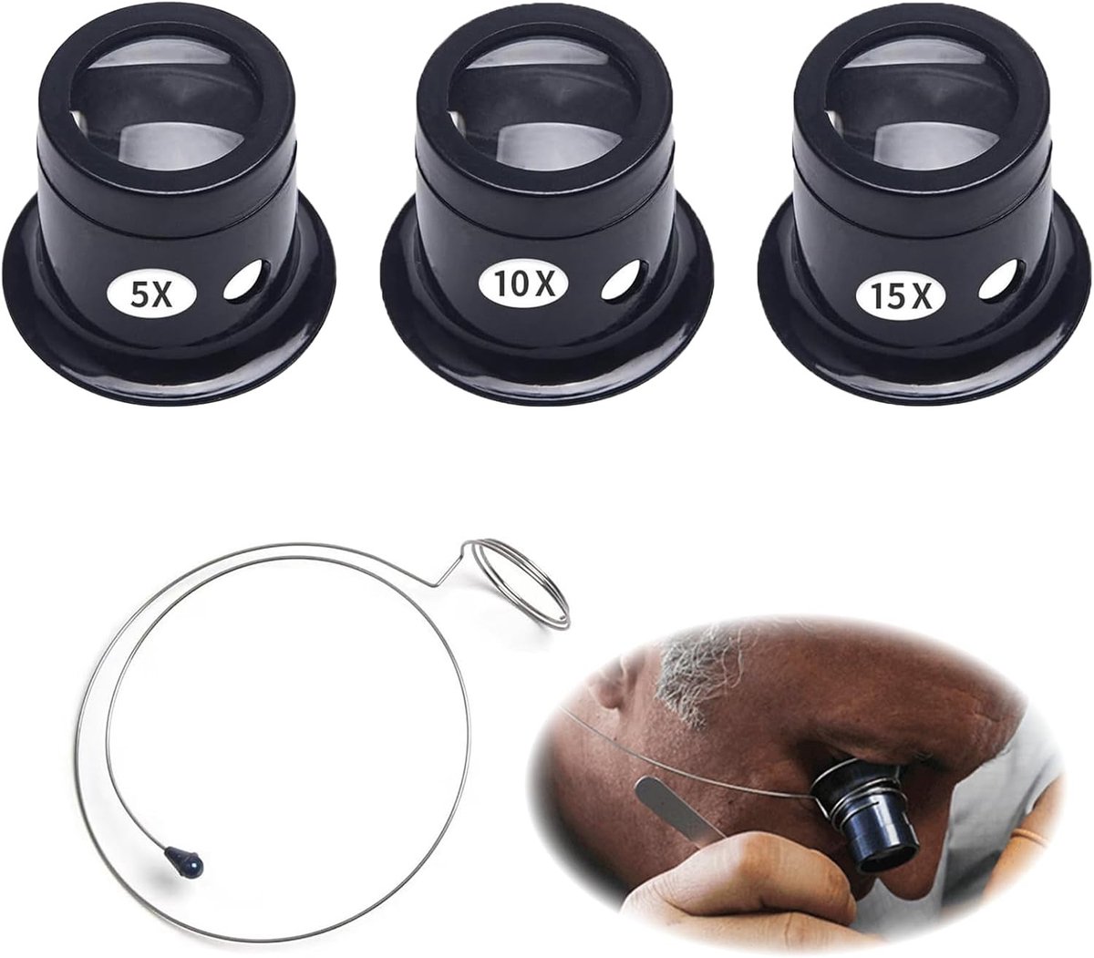 3-delige horlogemakersloep met 5x/10x/15x vergroting, juweliersloep, monoculaire vergrootglas, handzaam en lichtgewicht, ideaal voor horlogemakers en juweliers, eenvoudig in gebruik en identificatie