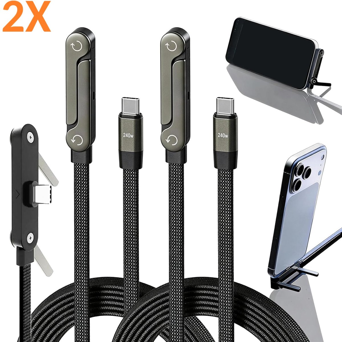 Ntech USB-C Kabel 1,5m (2 Stuks) – 240W Snellaadkabel met Geïntegreerde Telefoonstandaard, USB-C naar USB-C Data Kabel voor iPhone 17/16/15 Pro, Samsung Galaxy S26 Ultra/S25/A57/A37/A27/A17/A18/A36, Tablets en Powerbanks