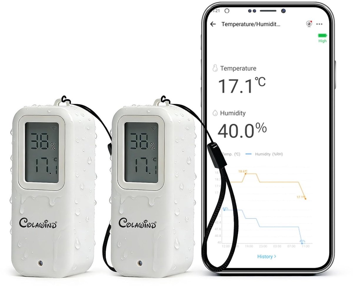 Temperatuur- en Vochtigheidsensor IP65 met LED-display, 2 Stuks, App Meldingen, Geschikt voor Binnen en Buiten, Ideaal voor Kassen en Kelders