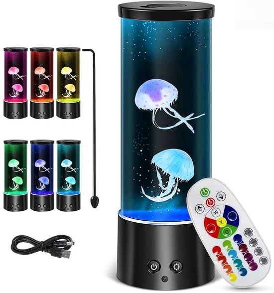 Zwarte lavalamp met blauwe en paarse kwallen, en zes andere lampen in verschillende kleuren. Inclusief afstandsbediening en USB-kabel.