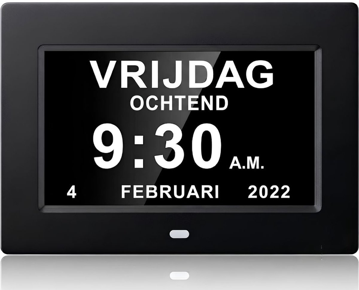 TYR® Dementieklok - Automatische Dimfunctie - 7 inch Digitale LCD Klok - Zwart - 20cm x 14cm x 2cm