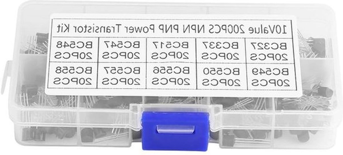 200 stuks TO-92 siliconen NPN en PNP vermogenstransistor assortiment met 10 verschillende waarden inclusief plastic opbergdoos voor overzichtelijke opslag en gebruiksgemak