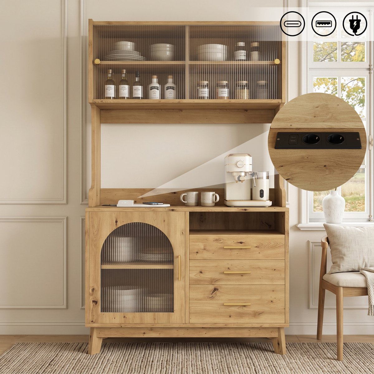 Clruro Dressoir - 100,5 x 40 x 178 cm - Stopcontact en USB-C/USB-A - Spaanplaat - Houtkleur